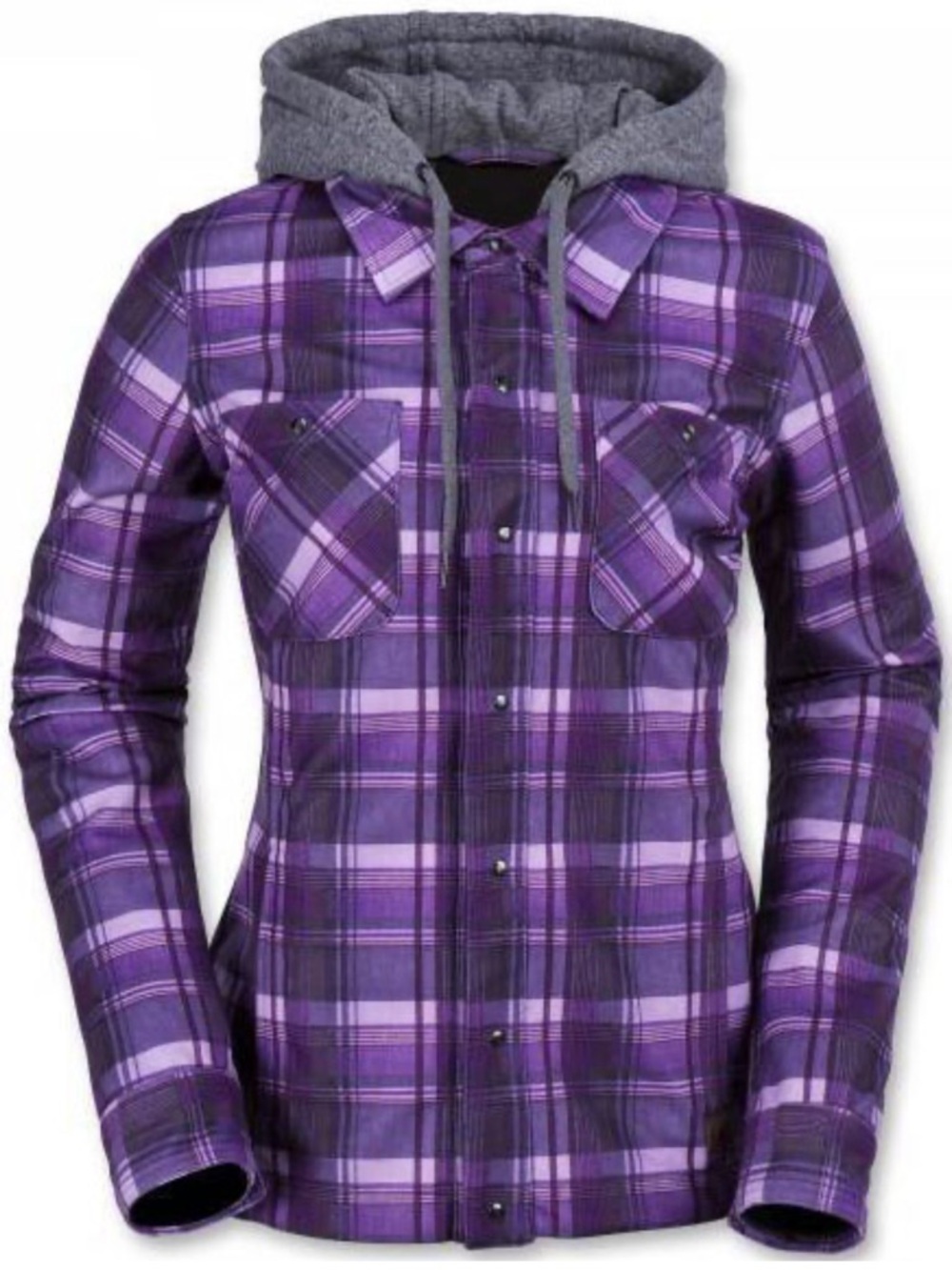 VOLCOM Women’s S EQS Circle Flannel Purple Plaid Hooded Winter Ski Jacket in EUC